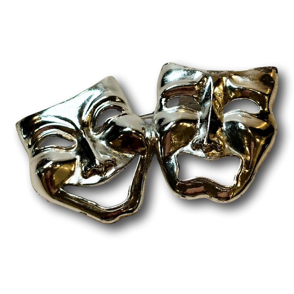 Vintage 80’s Silver Tone Comedy Tragedy Theater Mask Brooch Jewelry